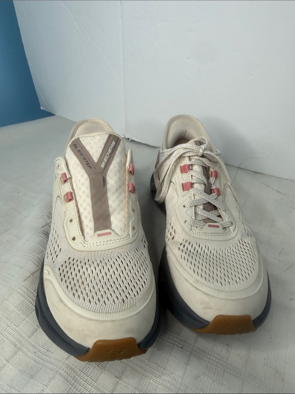Skechers Cream Slip-On and Lace Athletic Sneakers with Pink Highlights